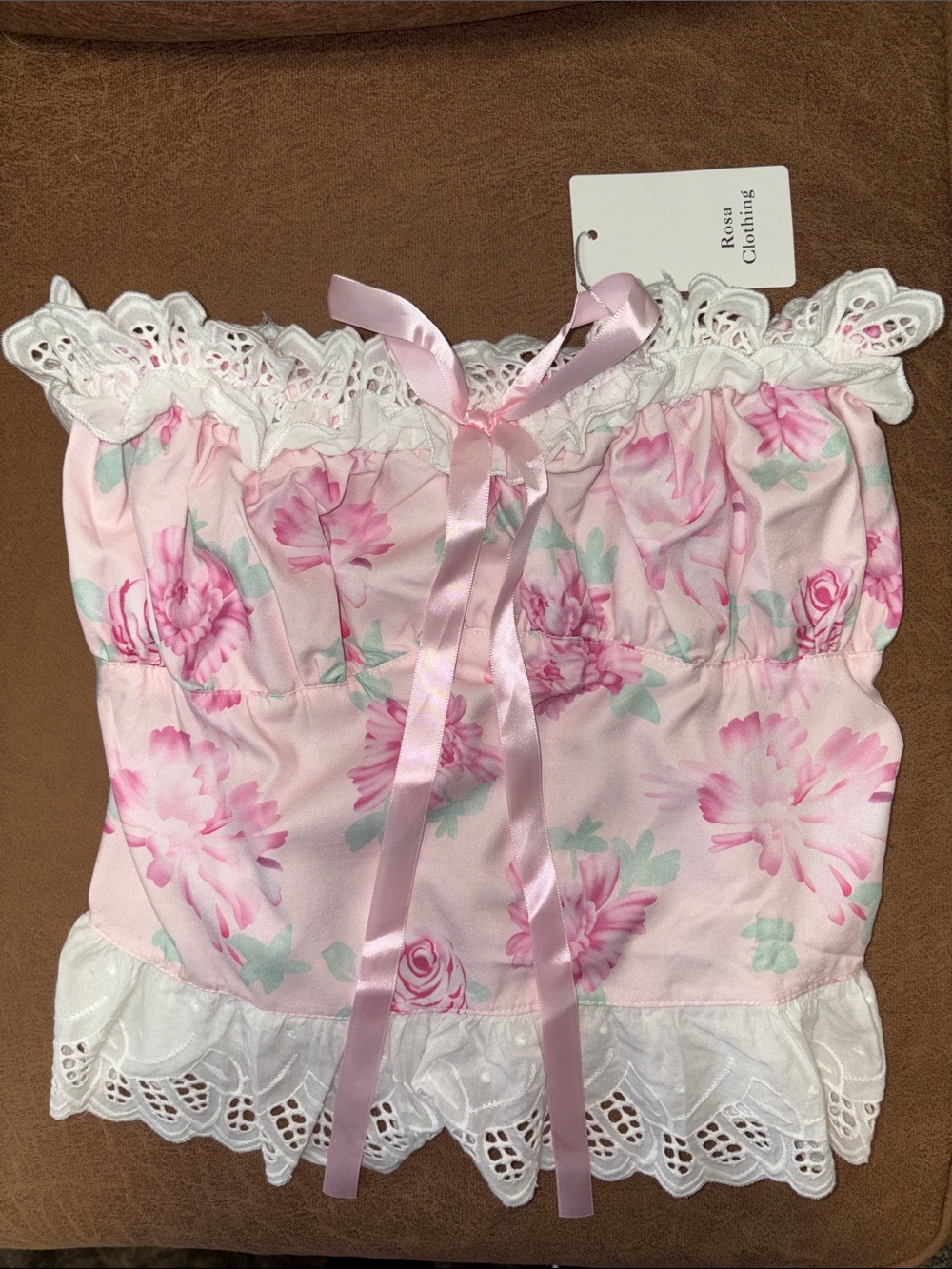 Rose-Print Pink Lace-Trim Bandeau with Satin Ribbon
